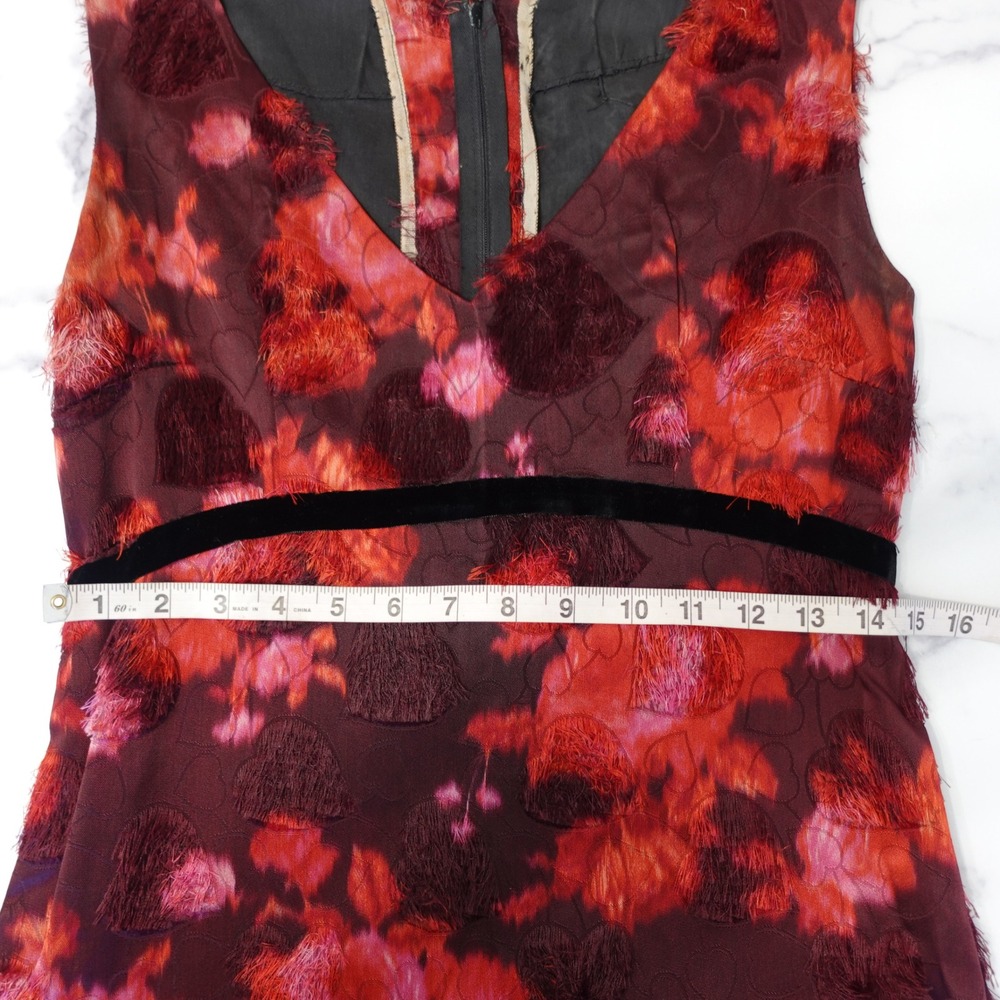 Vintage Handmade Red Floral Fil Coupe Eyelash Maxi Dress Velvet Trim Sleeveless - Picture 8 of 13